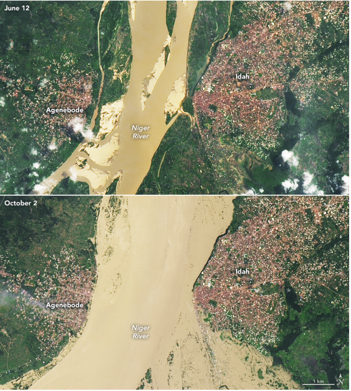 在尼日利亚，2022年的雨季尤其严重。在图片上方，洪水淹没了贝努埃河和尼日尔河沿岸的许多社区。在它们的交汇处，洪水淹没了科吉州首府洛科亚。洪水继续向南部蔓延，包括横跨科吉南部和阿南布拉州北部的大片地区。