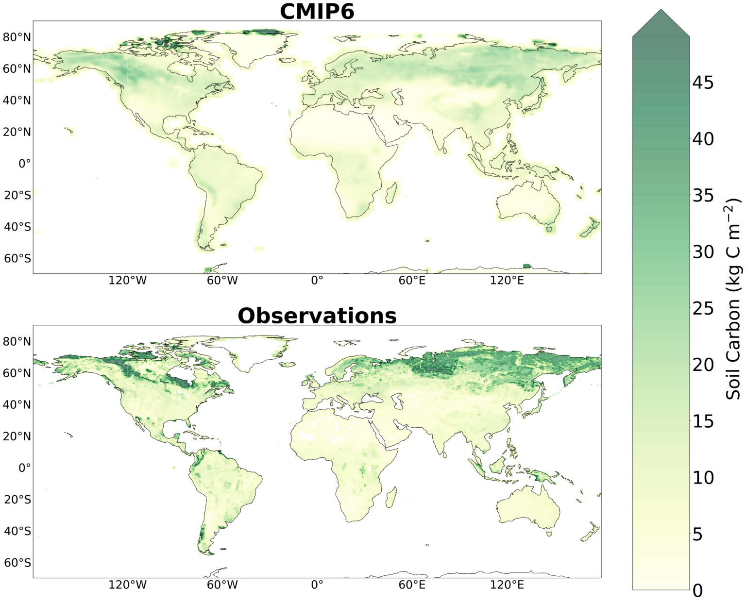 地图显示了世界各地土壤碳含量的变化。上面的地图显示了CMIP6模型模拟的土壤碳，下面的地图显示了真实世界的测量结果。