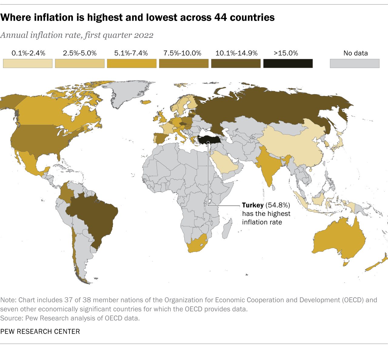 这张世界地图显示了44个国家的通货膨胀率最高和最低的地方